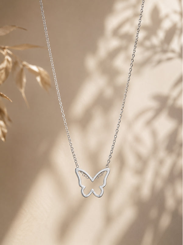 Butterfly Outline Silver Pendant Necklace