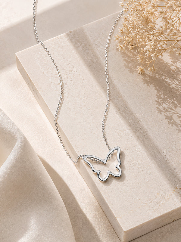 Butterfly Outline Silver Pendant Necklace