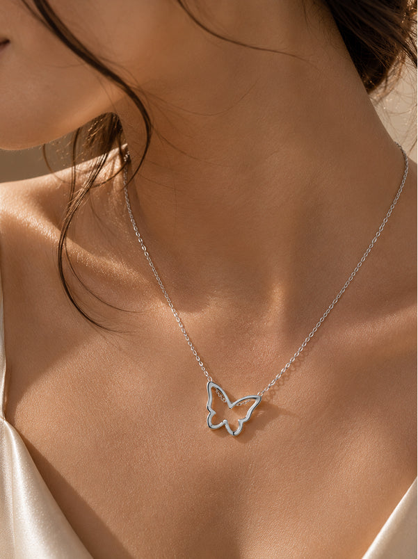 Butterfly Outline Silver Pendant Necklace